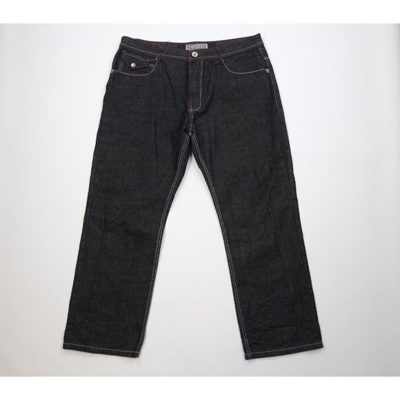 Vtg Y2K Streetwear Mens 40x32 Eagle Tribal UFC MMA Wide Leg Denim Jeans Black